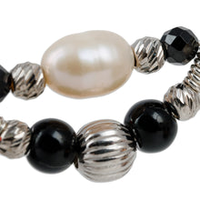 Load image into Gallery viewer, Cultured Pearl and Natural Obsidian Beaded Hoop Earrings - Triumphant Me | NOVICA

