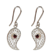 Load image into Gallery viewer, Polished Paisley-Shaped Garnet Filigree Dangle Earrings - Passion at the Palace | NOVICA
