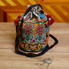 Load image into Gallery viewer, Iroqi Embroidered Silk Drawstring Sling with Tassels - Fantasy Spirit | NOVICA
