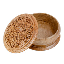 Load image into Gallery viewer, Traditional Handmade Floral Round Walnut Wood Jewelry Box - Circle of Splendor | NOVICA
