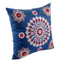 Load image into Gallery viewer, Hand-Embroidered Suzani Cotton Mandala Cushion Cover in Blue - Chic Mandala | NOVICA
