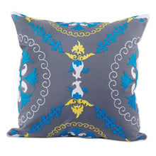 Load image into Gallery viewer, Hand-Embroidered Suzani Cotton Pomegranate Cushion Cover - Pomegranate on Grey | NOVICA
