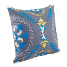 Load image into Gallery viewer, Hand-Embroidered Suzani Cotton Pomegranate Cushion Cover - Pomegranate on Grey | NOVICA
