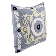 Load image into Gallery viewer, Hand-Embroidered Suzani Cotton Cushion Cover in Grey - Tajik Art | NOVICA
