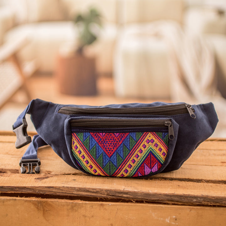 Geometric Blue Cotton Belt Bag with Adjustable Strap - Colors of Guatemala | NOVICA