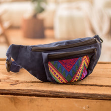 Load image into Gallery viewer, Geometric Blue Cotton Belt Bag with Adjustable Strap - Colors of Guatemala | NOVICA
