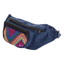 Load image into Gallery viewer, Geometric Blue Cotton Belt Bag with Adjustable Strap - Colors of Guatemala | NOVICA
