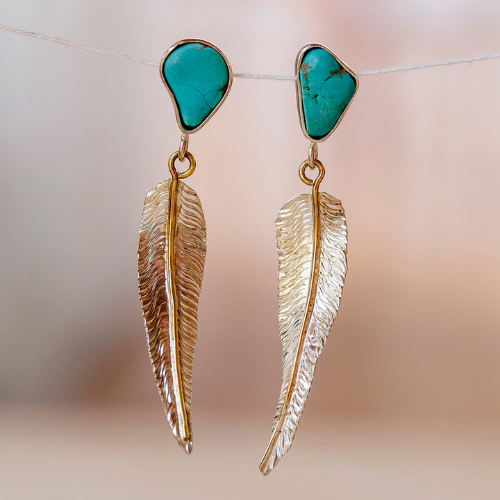 Polished Feather-Themed Natural Turquoise Dangle Earrings - Freedom Feathers | NOVICA