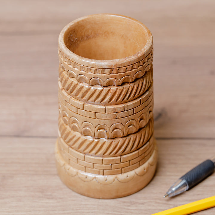 Wood Pencil Holder Hand-Carved in Traditional Uzbek Style - Khorezm | NOVICA