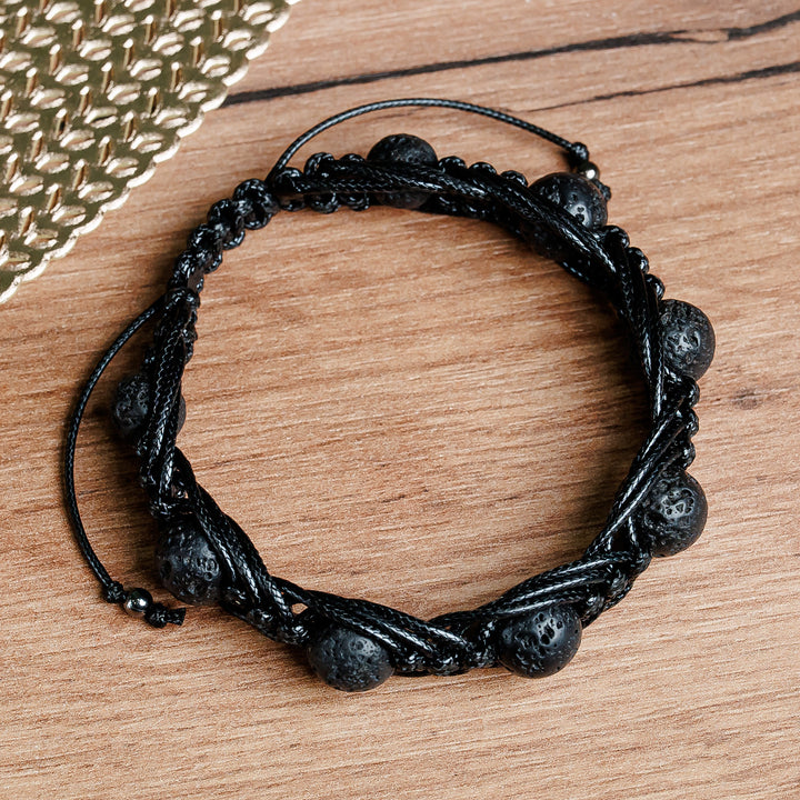 Black Waxed Nylon Macrame Bracelet with Vulcanite Stones - Mysterious | NOVICA