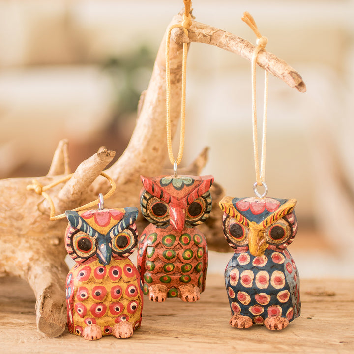 Handcrafted Pinewood Owl Ornaments from Guatemala (Set of 3) - Enchanting Owls | NOVICA