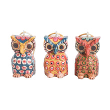 Load image into Gallery viewer, Handcrafted Pinewood Owl Ornaments from Guatemala (Set of 3) - Enchanting Owls | NOVICA
