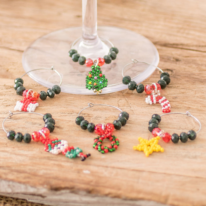 Set of 6 Christmas-Themed Handmade Glass Beaded Drink Tags - Refreshing Holidays | NOVICA