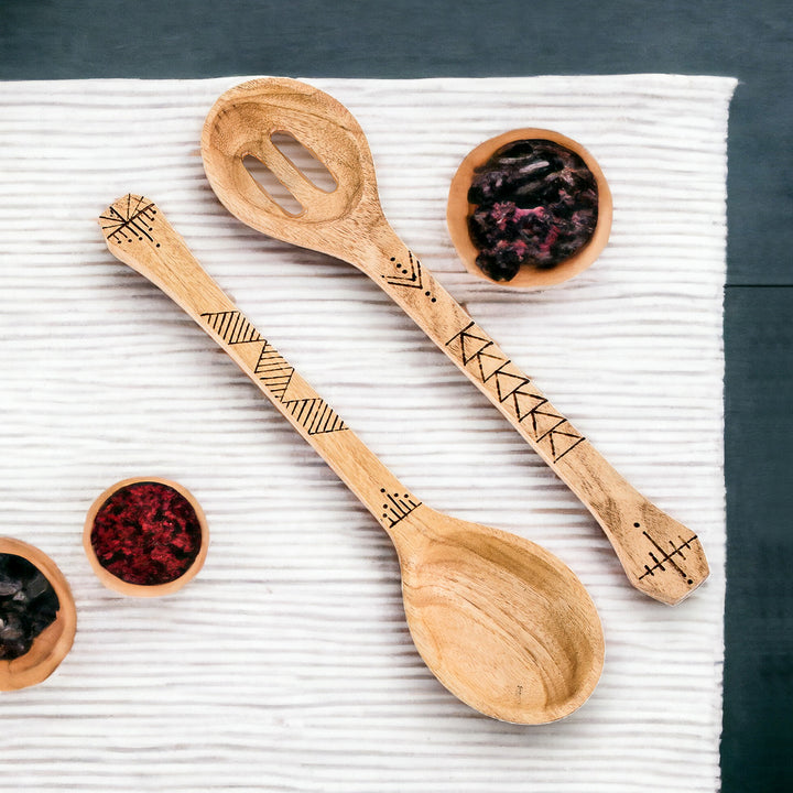 2 Reclaimed Wood Serving Spoons with Pyrography Designs - Culinary Seasoning | NOVICA