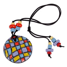 Load image into Gallery viewer, Painted Red and Purple Checkered Choker Pendant Necklace - Bold Rubik | NOVICA
