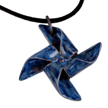 Load image into Gallery viewer, Handcrafted Blue Ceramic Windmill Pendant Necklace - Blue Pinwheel | NOVICA
