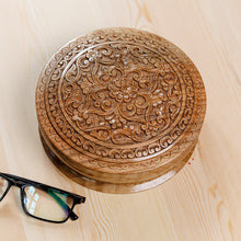 Load image into Gallery viewer, Hand-Carved Traditional Floral Round Walnut Wood Jewelry Box - Circle of Tradition | NOVICA
