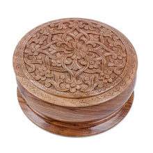 Load image into Gallery viewer, Classic Floral Round Walnut Wood Jewelry Box from Uzbekistan - Middle East Bloom | NOVICA
