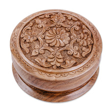 Load image into Gallery viewer, Handcrafted Round Walnut Wood Jewelry Box with Floral Motifs - Eden&#39;s Vision | NOVICA
