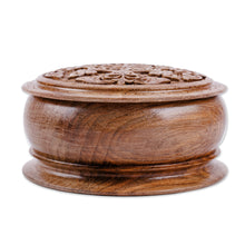 Load image into Gallery viewer, Handcrafted Round Walnut Wood Jewelry Box with Floral Motifs - Eden&#39;s Vision | NOVICA
