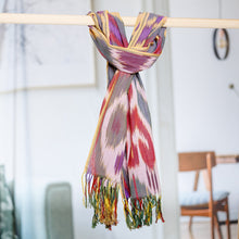 Load image into Gallery viewer, Classic Fringed Cotton Ikat Scarf Handwoven in Uzbekistan - Symphony of Sweetness | NOVICA
