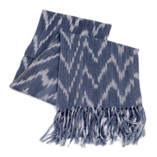 Load image into Gallery viewer, Handwoven Ikat Patterned Blue Cotton Scarf with Fringes - Blue Frequencies | NOVICA
