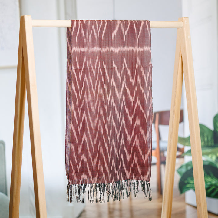 Handwoven Ikat Patterned Red Cotton Scarf with Fringes - Red Frequencies | NOVICA
