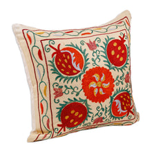 Load image into Gallery viewer, Classic Embroidered Red and Green Silk Cushion Cover - Fruitful Passion | NOVICA
