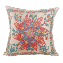 Load image into Gallery viewer, Classic Floral Embroidered Blue and Red Silk Cushion Cover - Floral Deity | NOVICA
