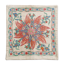 Load image into Gallery viewer, Classic Floral Embroidered Blue and Red Silk Cushion Cover - Floral Deity | NOVICA
