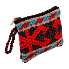 Load image into Gallery viewer, Geometric-Patterned Red Zippered Cotton and Wool Coin Purse - Ancestral Fortune | NOVICA
