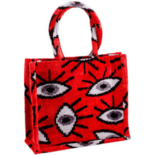 Load image into Gallery viewer, Eye-Patterned Red Silk Velvet Handle Bag from Uzbekistan - Sophisticated Glances | NOVICA
