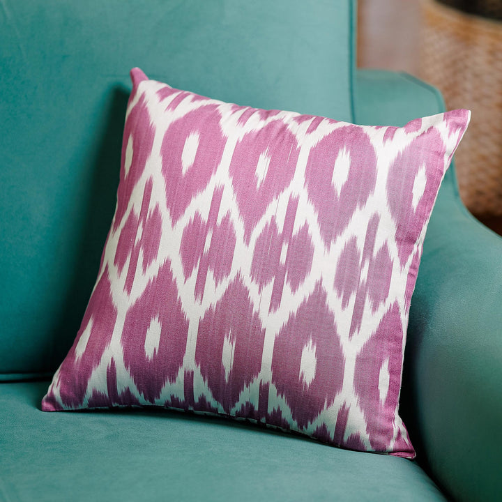 Classic Ikat Patterned Pink and White Cotton Cushion Cover - Pink Tradition | NOVICA
