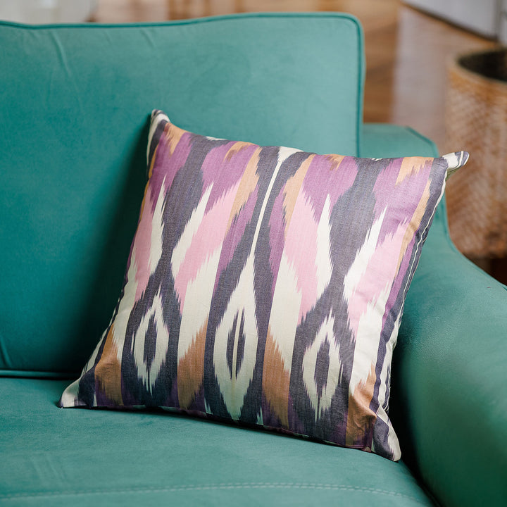 Peacock-Inspired Ikat Patterned Purple Cotton Cushion Cover - Hidden Peacock | NOVICA