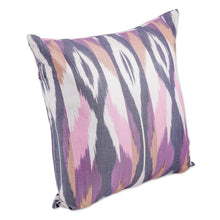 Load image into Gallery viewer, Peacock-Inspired Ikat Patterned Purple Cotton Cushion Cover - Hidden Peacock | NOVICA
