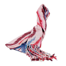 Load image into Gallery viewer, Handcrafted Ikat Patterned Red and Blue Fringed Cotton Scarf - Palace Colors | NOVICA

