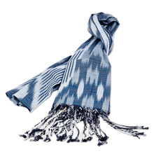 Load image into Gallery viewer, Handcrafted Ikat Patterned Blue Fringed Cotton Scarf - Blue Wish | NOVICA
