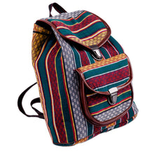Load image into Gallery viewer, Adjustable Striped Teal and White Janda Cotton Backpack - Voyage to Uzbekistan | NOVICA
