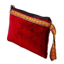 Load image into Gallery viewer, Diamond-Patterned Red and Yellow Silk Cosmetic Bag - Fire Jewels | NOVICA
