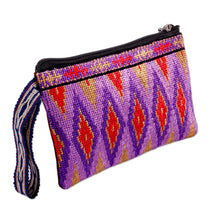 Load image into Gallery viewer, Diamond-Patterned Purple and Red Silk Cosmetic Bag - Glamorous Jewels | NOVICA
