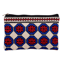 Load image into Gallery viewer, Embroidered Floral Patterned Blue and Red Cosmetic Bag - Pretty Flowers | NOVICA
