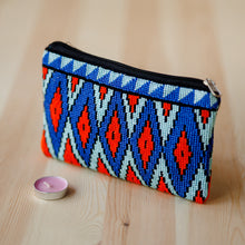 Load image into Gallery viewer, Geometric Patterned Embroidered Cosmetic Bag in Blue Hues - Ocean Geometry | NOVICA
