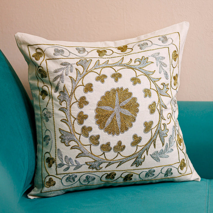 Suzani Embroidered Golden and Silver Cotton Pillow Sham - Divine Eden | NOVICA