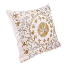 Load image into Gallery viewer, Suzani Embroidered Golden and Silver Cotton Pillow Sham - Divine Eden | NOVICA
