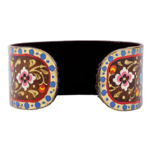 Load image into Gallery viewer, Floral Adjustable Golden, Blue and Brown Tin Cuff Bracelet - Goddess of Mountains | NOVICA
