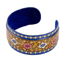 Load image into Gallery viewer, Painted Floral Adjustable Blue and Golden Tin Cuff Bracelet - Goddess of Palaces | NOVICA
