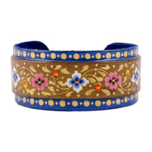 Load image into Gallery viewer, Painted Floral Adjustable Blue and Golden Tin Cuff Bracelet - Goddess of Palaces | NOVICA
