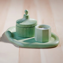 Load image into Gallery viewer, Green Plaster and Wax Candleholder and Tray Set (3 Pieces) - Green Aromas | NOVICA
