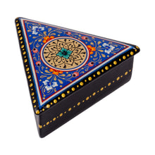 Load image into Gallery viewer, Painted Blue Triangular Jewelry Box with Round Floral Detail - Triangular Magic | NOVICA
