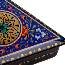 Load image into Gallery viewer, Painted Blue Triangular Jewelry Box with Round Floral Detail - Triangular Magic | NOVICA
